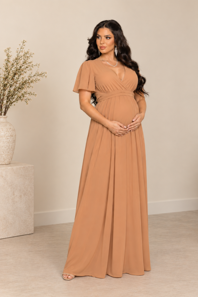 Vestido liso manga suelta camel