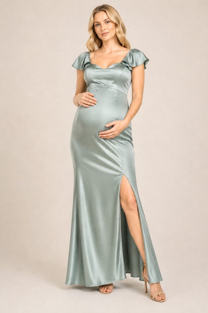 Vestido largo satinado Verde soft con detalle en hombros
