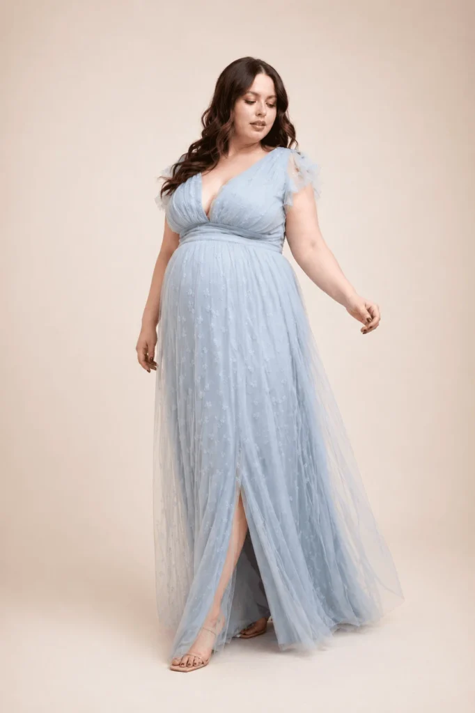 Vestido tul aplicaciones florales Azul polvo