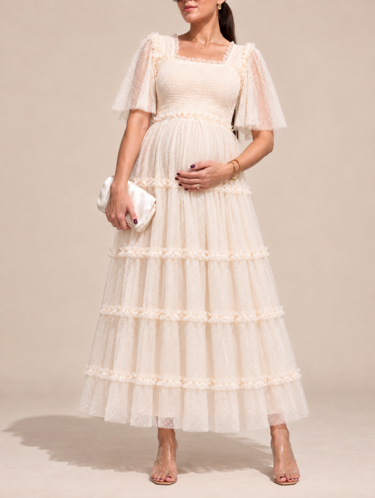 Vestido midi tul fluido textura ivory