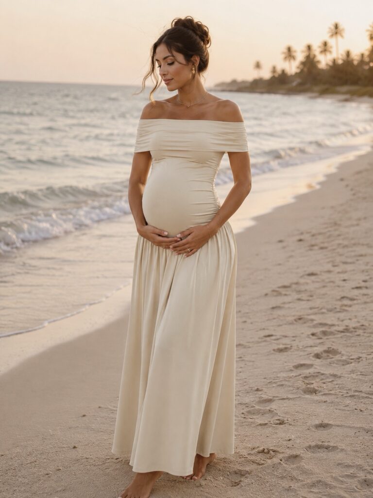 Vestido de Maternidad Crema Off Shoulder