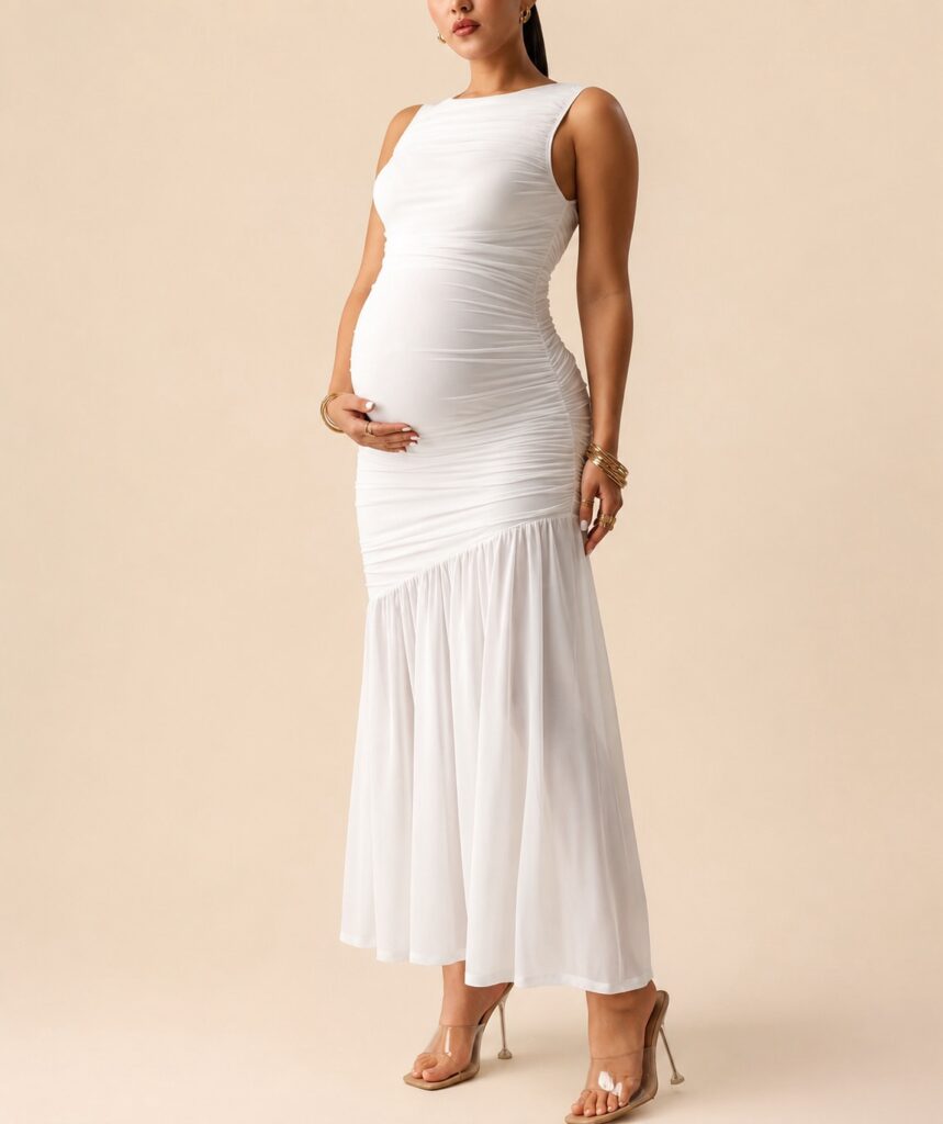 Vestido de Maternidad Blanco Drapeado con Falda Asimétrica