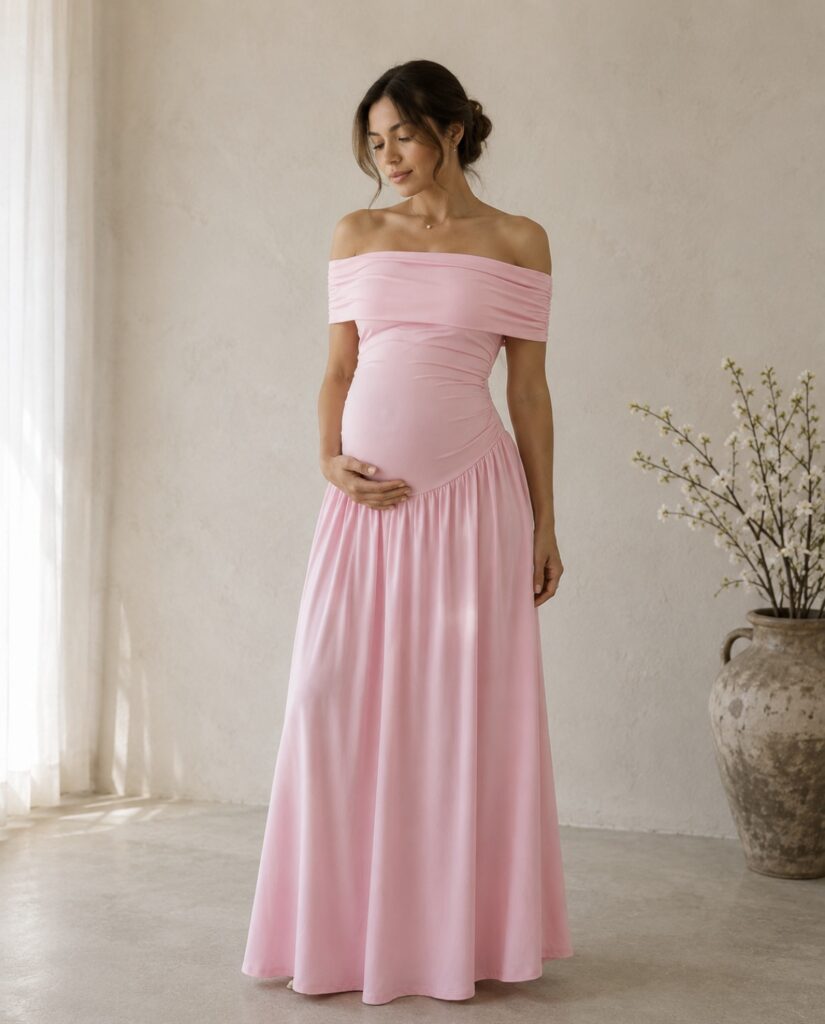Vestido de Maternidad Rosa Pastel Off Shoulder